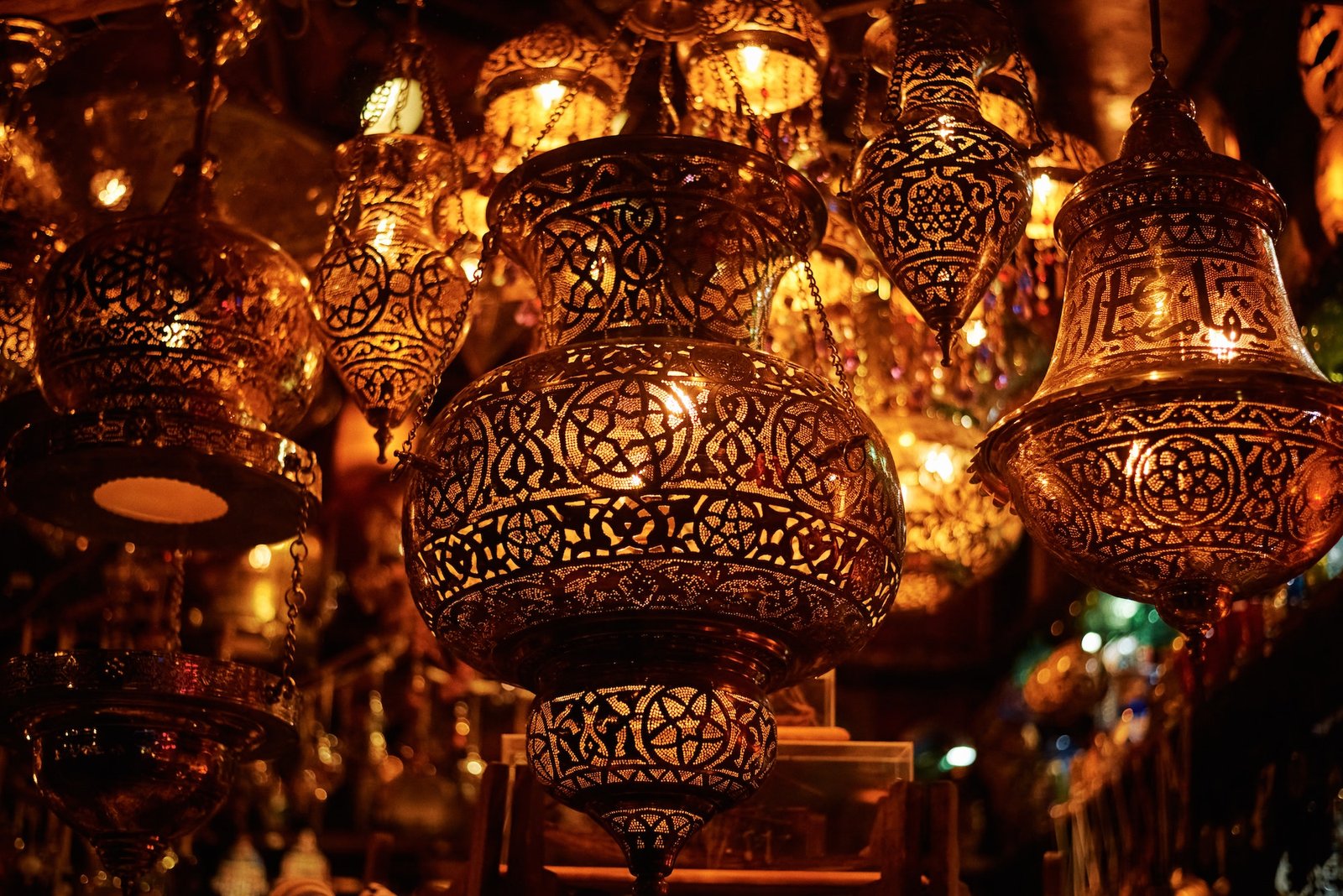 Different ramadan lanterns on dark background