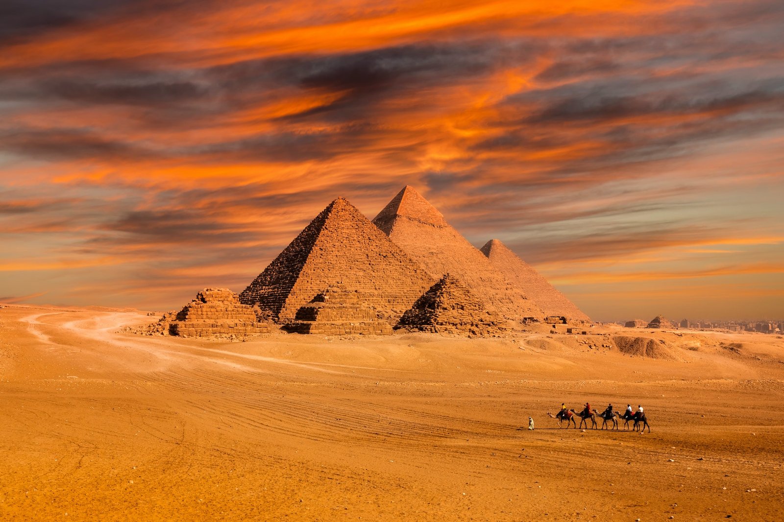 Sunset view of Pyramid complex of Giza, in Cairo, Egypt