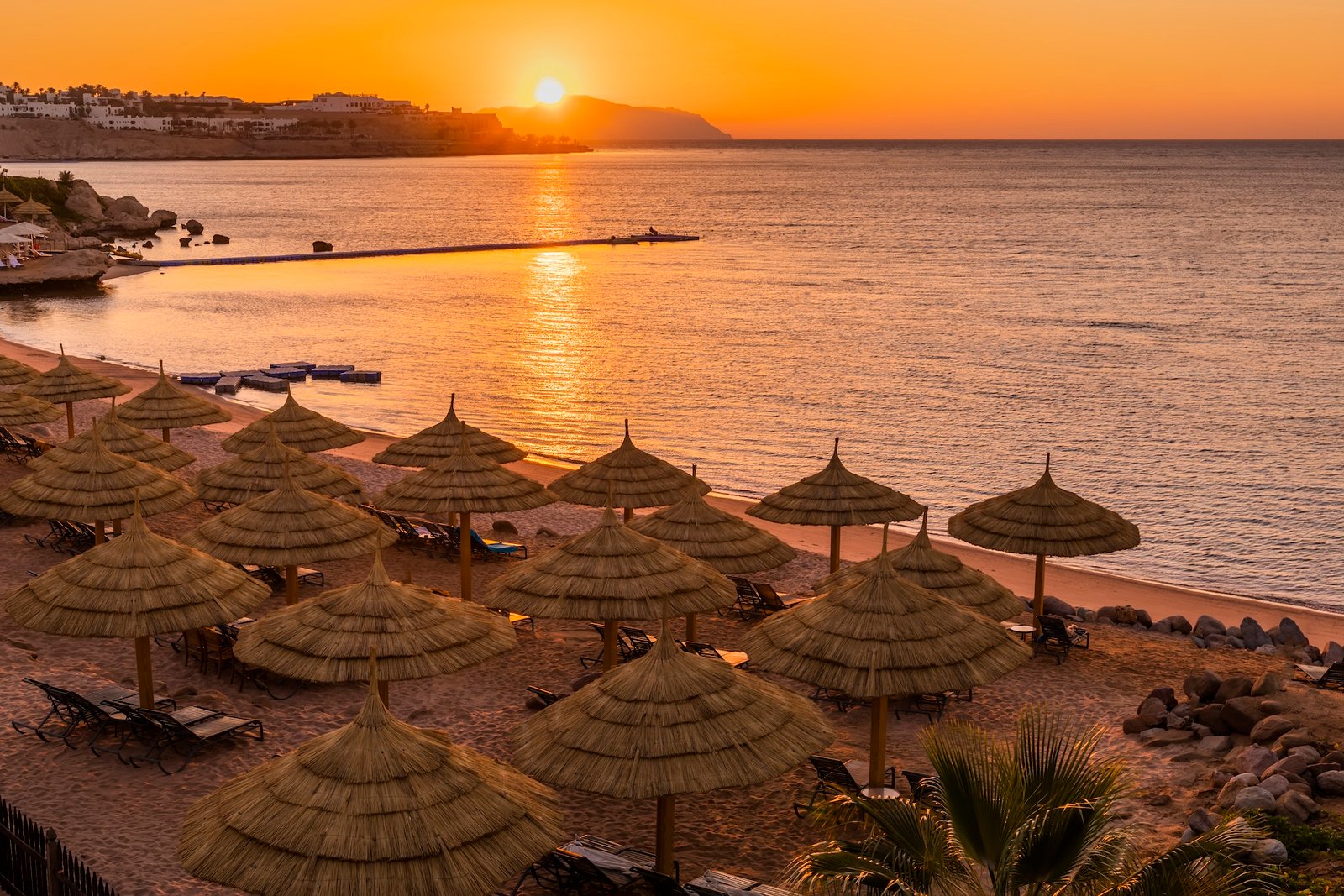 Sunset at the beach with palm trees, parasols and sunbeds.