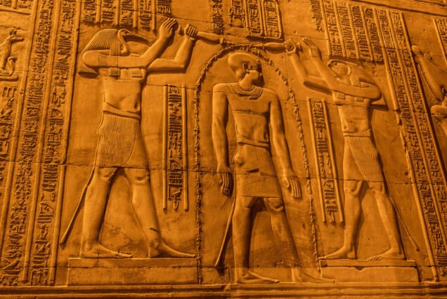 Engraved sculptures of gods in the temple of Kom Ombo Markaz in Egypt