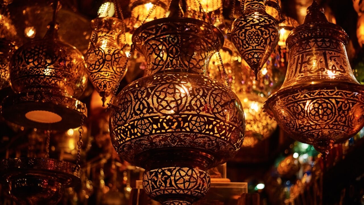 Different ramadan lanterns on dark background