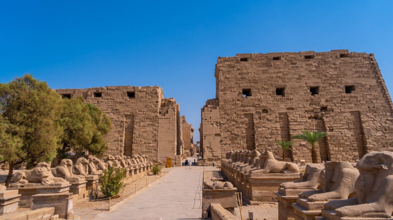 Karnak temple with its beautiful corridor of ram sculptures, the great sanctuary of Amun